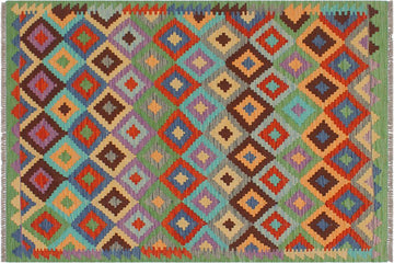 Flat Weave Kilim, Antique, Navaho, Vintage, Handmade, Modern Kilim Blue Green Hand-Woven Rectangle 100% Wool Area Rug 4 x 6